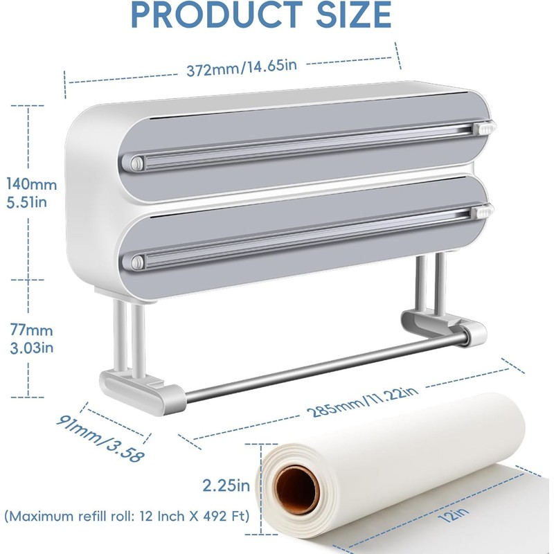 Wall Roll Holder, Aluminium Foil Dispenser and Freshness, 3-in-1 Magnetic