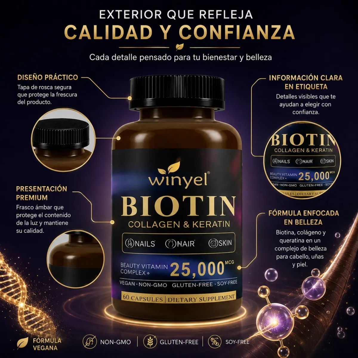 Biotina 25000 Mcg Con Colágeno Y Queratina 60 Cápsulas