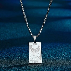 QIAMNI Stainless Steel Tarot Card Necklace Moon Star Sun Pendant Astrology Divination Magic Amulet Necklace Women Men Jewellery (Silver-The Sun), Stainless Steel