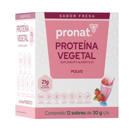 PRONAT | Proteína Vegetal en Polvo con Prebióticos Sabor Fresa 12 Sobres de 30 g | 21 g de Proteína por Porción | Sin Azúcar | Sin Gluten | Apta para 