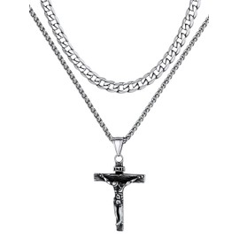 Supcare Cross Pendant Necklace, Stainless Steel Crucifix Cross Necklaces for Men, Layered Cross Chains 20+2" inches