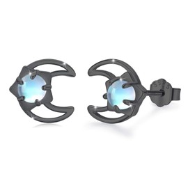 Moonstone Star Earrings Moon Earrings Set 925 Sterling Silver Rainbow Moonstone Stud Earrings for Women Kids Moon and Star Stud Earrings for Girls (Black Gold-Moon)