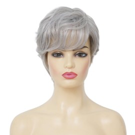 Salaibs Grey Short Curly Wigs for Women with Fringe, Natural Looking Grey Synthetic Hair Wig for Daily Party Use