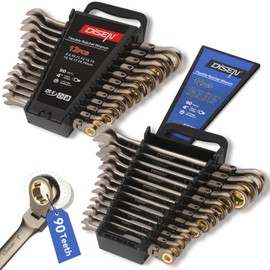 DISEN 24pcs 90-Teeth Ratchet Wrenches Set, Flex Head Ratcheting Wrench Set Metric 8MM-19MM and SAE Wrenches 1/4 Inch-3/4 Inch, Nickel Plating Cr-V Constructed with Organizer Rack