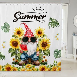 Summer Sunflower Shower Curtain,Watercolor Watermelon and Gnome Bathroom Curtain for Kids Girls Teens Room Decor,Tropical Palm Leaf Waterproof Curtain Summer Plants Bath Curtain,12 Hooks,72"Wx72"L