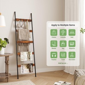 ELYKEN Blanket Ladder for Living Room, Farmhouse 5-Tier Quilt Holder with 4 Removable Hooks for Bathroom, Wood Towel Rack Display, Wall Anchor Leaning Decorative Stand for Home, Rustic Brown