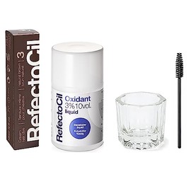 RefectoCil Natural Brown (#3) Hair Tinting Kit Includes Cream Hair Dye + Liquid Oxidant 3% + Mixing Brush & Mixing Dish