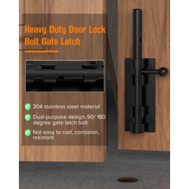 Door Lock Bolt Gate Latch, 6" Heavy Duty Slide Bolt Gate Drop Rod Hardware Ground Latch for Wooden Fence Yard Shed Barn Basement(Black - 1pc)