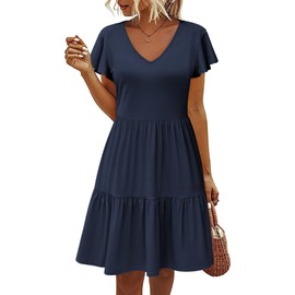HOTOUCH Summer Cotton T-Shirts Dresses for Women Casual Swing Dresses with Pockets V Neck A Line Swing Dress Ruffle Hem Tunic Dresses Navy Blue X-Large