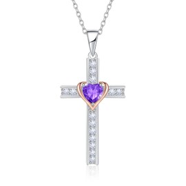 Calliora Birthstone Cross Necklace for Women, 925 Sterling Silver Heart Cross Pendant Necklace, Fine Cross Jewelry Birthday Gifts for Her, 18"+2" Inches