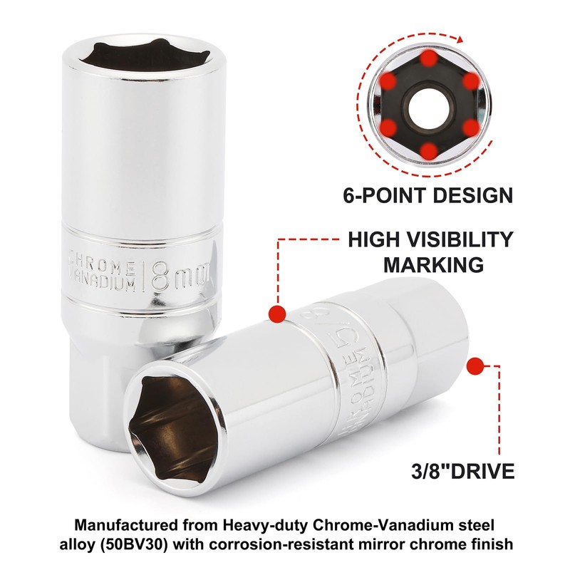 CASOMAN 3/8-Inch Drive Spark Plug Socket Set, 6-Point, Include Extension