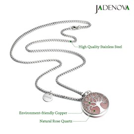 JADENOVA Family Tree Necklace Tree of Life Natural Rose Quartz Gemstone Crystal Pendant Necklace 24 Inches Stainless Steel Chain