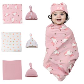 Baby Newborn Swaddle and Hat Set 3 Pack 100% Cotton Knitted Muslin Baby Blankets 35" x 35" Baby Receiving Blankets Stroller Soft Unisex Newborn Swaddle Wrap for Girls and Boys (Pink+Horse+Dots)