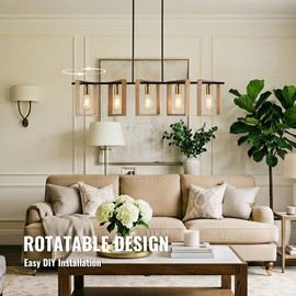 5-Light Industrial Pendant Light, Wood and Metal Chandelier, Kitchen Island Lighting, Adjustable Hanging Chandelier for Dining Room, Farmhouse Linear Chandelier for Living Room
