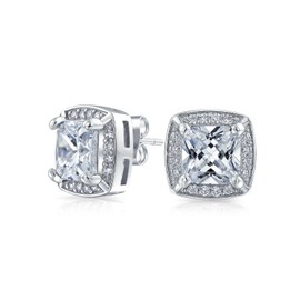 Bridal Prom Square Cushion Cut CZ Statement Stud Earrings For Women Silver Plated Brass
