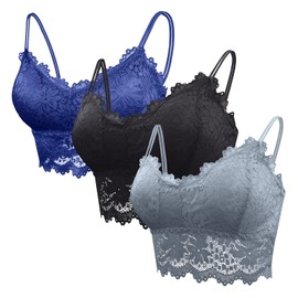 Bralettes tipo bandeau de encaje con correa de girasol, brasier deportivo acolchado con cuello en V profundo para mujer, paquete múltiple, (3x)Azul, Negro, Gris, L