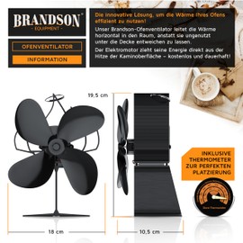 Brandson - Heat Powered Stove Fan - Fireplace Fan - Fan for Fireplaces Wood Stoves - 4 Blades Rotor Blades - Rotor Diameter 180 mm - Heat Distributor without Electricity - Black