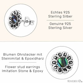 Monkimau Flower Stud Earrings Made of 925 Sterling Silver Black Oxidised and with Abalone Shell, Sterling Silver