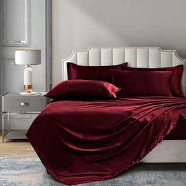P Pothuiny 6 Pieces Full Satin Sheets Luxury Silky Burgundy Satin Bedding Sheet Set, 1 Deep Pocket Fitted Sheet + 1 Flat Sheet + 4 Pillow Cases