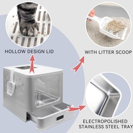 Helntova Stainless Steel Litter Box, Foldable Enclosed Cat Litter Box with Lid, Large Top Exit Design with Pull-Out Drawer & Scoop, Easy Clean Odor Control -Pink