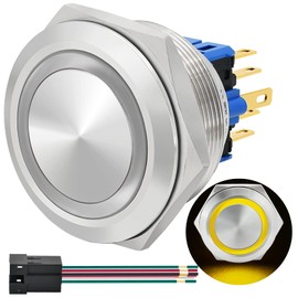 30mm Momentary Push Button Switch 1.18in Big Head Waterproof IP67 5Amp with 12V DC LED Stainless Steel Mounting Hole with Socket DPDT SPDT (Momentary, 12V, Yellow)