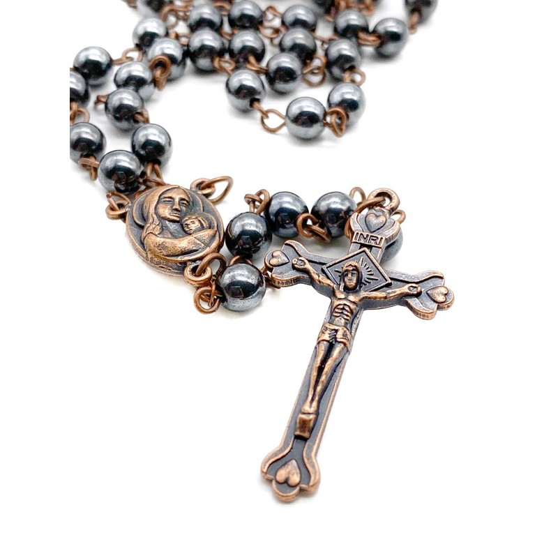 Nazareth Store Hematite Rosary Black Stone Beads Necklace with Jerusalem