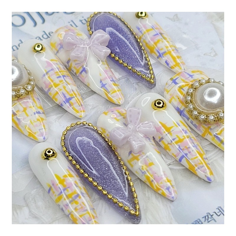 Pearl tweed handmade nail tips - lipstick / 진주 트위드