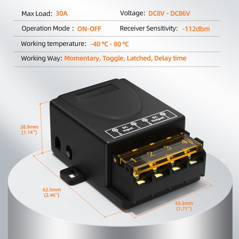 RVBOATPAT Wireless Remote Switch DC 8V/12V/24V/48V/72V/86V 30A Relay RF Remote