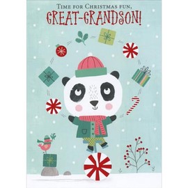 Designer Greetings Cute Panda Bear Juggling Candies and Gifts on Peppermint Unicycle Juvenile Christmas Card for Great-Grandson