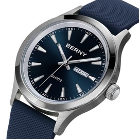 BERNY Quartz Watch for Men Miyota 2105 Movement Fashion Sports Wirstwatch 3ATM Waterproof Day Date Colorful Dials Quick Release Silicone Watch Band(Blue)