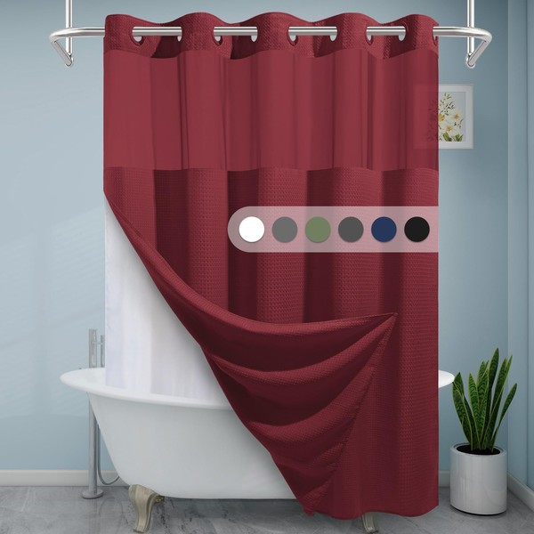 EUTXL Burgundy No Hook Shower Curtain with Snap in Liner,230GSM