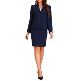 Allegra K Women's 2 Piece Business Suit Collared Button Down Blazer Pencil Skirt Work Skirt Set Small Dark Blue