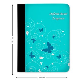 CreaDesign, Children's Certificate Folder with Name, Certificate Folder Butterfly Turquoise with 10 Transparent Pockets, A4, 26.7 x 32.7 x 1 cm, Black Spine