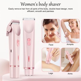 2-in-1 Elektrischer Damenrasierer Intimbereich & Körper, IPX7 Wasserdicht Dual-Kopf Bikini Trimmer mit USB-C-Ladung, Nass/Trocken Rasur für Gesicht, Beine, Arme, Muttertag Geschenk für Frauen, Rosa