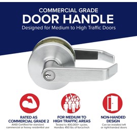 Lawrence Commercial Lever Door Lock - Heavy Duty Locking Commercial Door Handle Keyed Entry, Grade 2 Door Handle with Lock and Key - Brushed Chrome, Storeroom Function