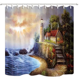 Shocur Lighthouse Shower Curtain, Vintage Scenic Oil Painting by Sunset Coastal Reef Wave with Nautical Tower Cabin, 72 x 72 Inches Polyester Fabric Bathroom Decor Set with 12 Hooks