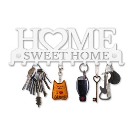 SirHoldeer Key Holder Home Sweet Home White with 10 Hooks, Key Storage, Key Hook Modern, Key Holder Wall, Wall Decoration, Hallway, Metal Decoration