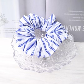 Blue Striped hair Scrunchies ，Pack of 3，cotton Hair ties for girls and Women，Blue white stripes