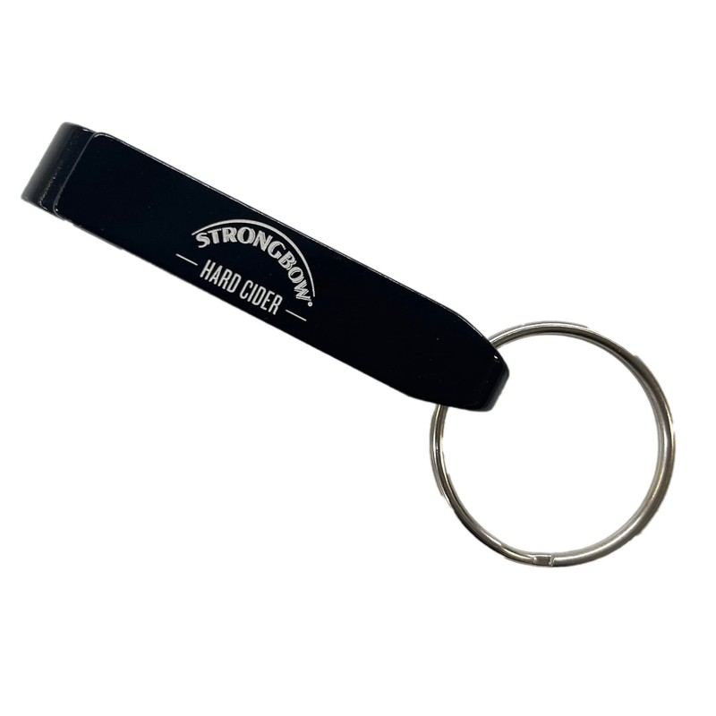 Strongbow Cider Bottle Opener Keychain, Black Hard Plastic with White