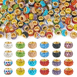 KISSITTY 132 PCS Alloy Rhinestone European Beads Large Hole Bead Assorted Spacer Loose Beads for Pens,Crystal Clay Pave Rhinestones Bead for DIY Crafts Necklace Bracelet Jewelry Making