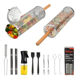 Grill Basket Stainless Steel BBQ‌: GEEKHOM 12PCS Outdoor Cooking Pan with Handle, Fish & Vegetable Grilling Rack, Non-Stick Barbecue Tray for Men Birthday Gifts