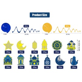 Ramadan Mubarak Decoration Set, Ramadan Mubarak Bunting Banner, Mubarak Gold and Blue Hanging Swirls Decorations for Eid Mubarak Party Ramadan Holiday Home Decorations