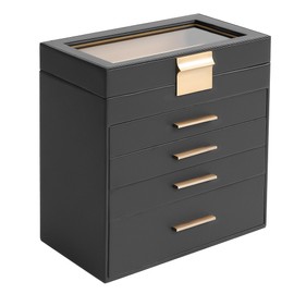 Somduy Jewelry Box, 5 Layers Jewelry Storage Display Box with Glass Lid for Women, 4 Drawers,Large Capacity for Necklace Earrings Bracelets Rings, Grey