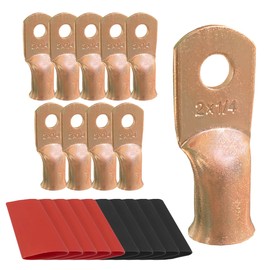 20pcs 2 AWG-1/4 Ring Battery Lugs, Copper Lugs, Battery Cable Ends, Tubular Ring Terminals, Crimp Wire Ring Lugs, Battery Terminal Connectors with Heat Shrink Tubing (20, 2 Awg - 1/4" (M6) Ring)