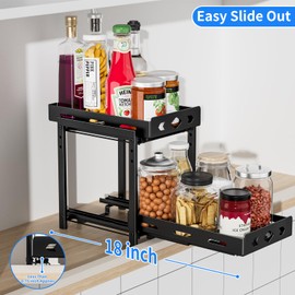 BOIVSHI Pull Out Spice Rack Organizer for Cabinet, 2-Tier Cabinet Spice Rack Organizer, Height Adjustable Vertical Spice Rack for Kitchen Cabinet (7.5''Wx10.8''Dx9.2''H, Metal Black)