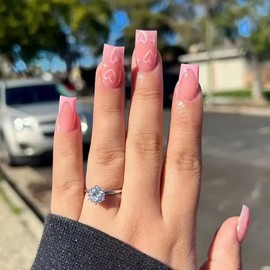 24 Pcs Pink Heart Press on Nails Medium Square Nail Tips Full Cover Artificial Nails Valentine's Day Fake Nails with Heart Designs Valentines False Nails with Glue Glossy Stick on Nails for Women