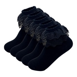 Women High Ankle Lace Socks, Bridal Ruffle Frilly School Girl Princess Dress Sock with Lace Trim For Lolita/Jk W-811 (A2-5 Pairs - Black Double Layer Lace Trim)