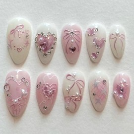 Medium Almond Press on Nails Pink Smudge Fake Nails Bow Heart Pearls Rhinestones Glue on Nails Off White Transluent Nails Press ons Sweet & Cute False Nails for Women 24 Pcs