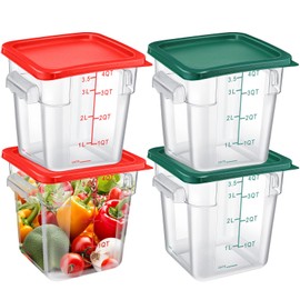 Maxcheck 4 Pcs 4Qt Food Storage Container with Lids Set Square Clear Commercial Containers with Scale and Handle Space Saving for Home Kitchen Restaurant Proof Dough Marinating Meat (Red, Green)