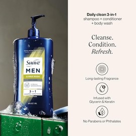 Suave Men Citrus Rush Daily Clean 3 en 1 champú, acondicionador y gel de baño con glicerina y queratina hidrata y suaviza el cabello, aroma cítrico, 4